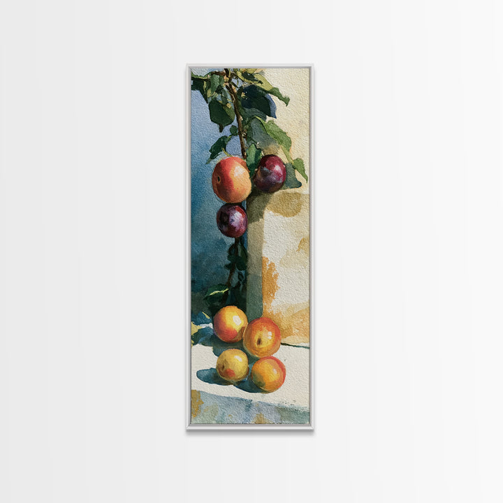 Peach and Plum Still Life Framed Canvas Print, Dining Room Art, Large Wall Art, Dining Room Decor, Dining, Watercolor Painting, DRA-1x3-80