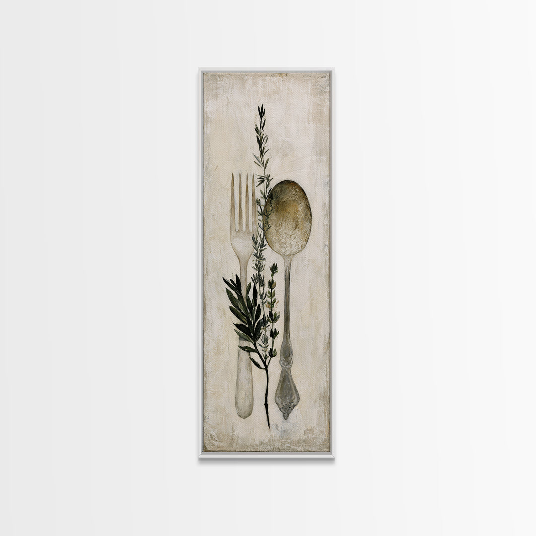 Minimal Fork Spoon and Herb Composition Canvas Print, Dining Room Art, Coastal Decor, Dining Room Decor, Oil Painting, Dining, DRA-1x3-82