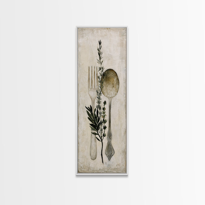 Minimal Fork Spoon and Herb Composition Canvas Print, Dining Room Art, Coastal Decor, Dining Room Decor, Oil Painting, Dining, DRA-1x3-82