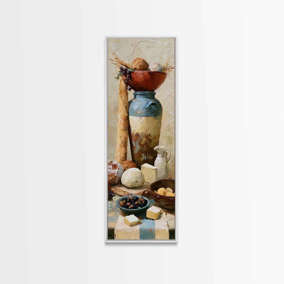 Rustic Bread Olives and Cheese Still Life Canvas Print, Dining Room Art, Modern Decor, Dining Room Decor, Oil Painting, Dining, DRA-1x3-90
