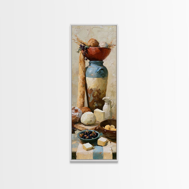 Rustic Bread Olives and Cheese Still Life Canvas Print, Dining Room Art, Modern Decor, Dining Room Decor, Oil Painting, Dining, DRA-1x3-90