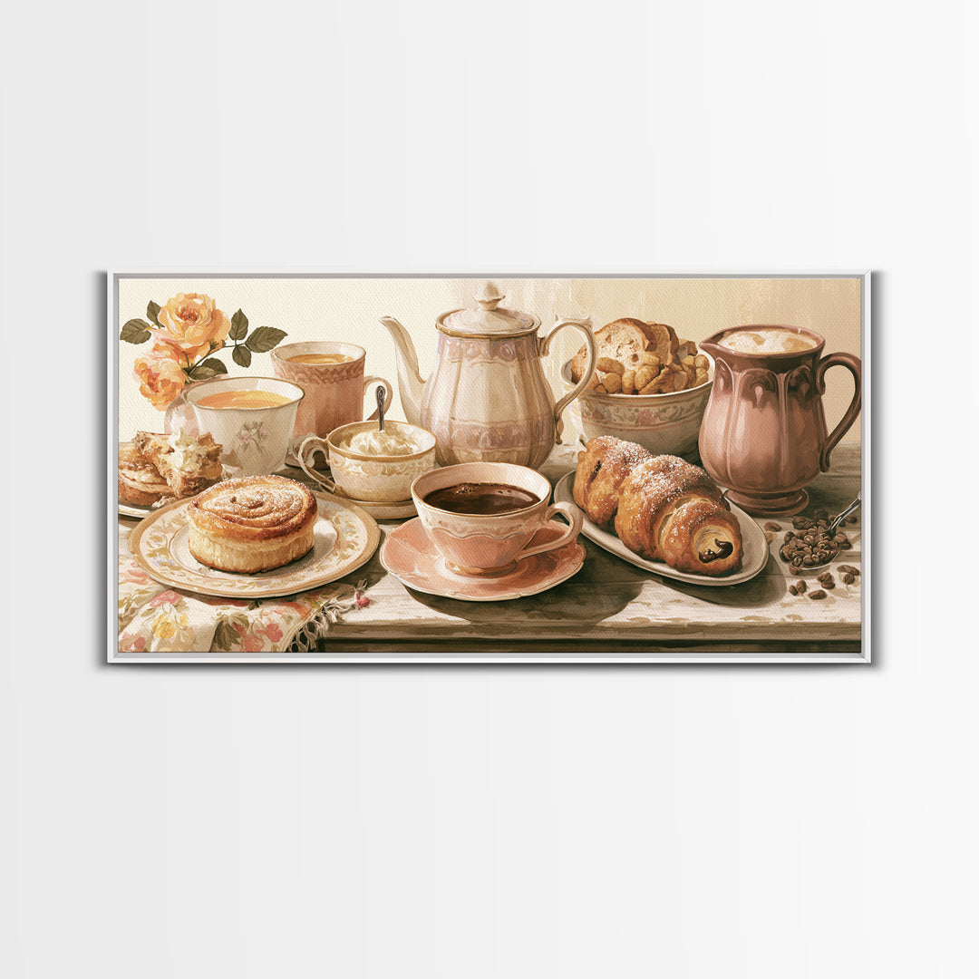 Coffee and Pastry Scene for Breakfast Nook Framed Canvas Print, Dining Room Art, Fine Art Print, Dining Room Decor, Dining, DRA-2x1-10