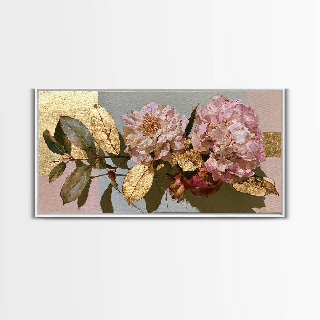Pomegranate and Gold Leaf Botanical Study Canvas Print, Dining Room Art, Bedroom Wall Art, Dining Room Decor, Dining, DRA-2x1-100