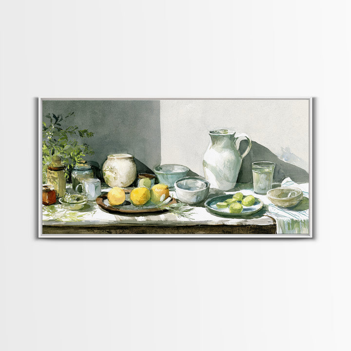 Sunlit Farmhouse Table Objects Without Room View Framed Canvas Print, Dining Room Art, Boho Decor, Dining Room Decor, Dining, DRA-2x1-13