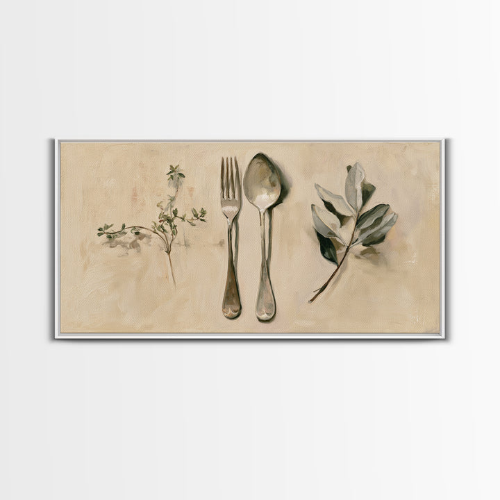 Minimal Fork Spoon and Herb Composition Framed Canvas Print, Dining Room Art, Gallery Decor, Dining Room Decor, Dining, DRA-2x1-18