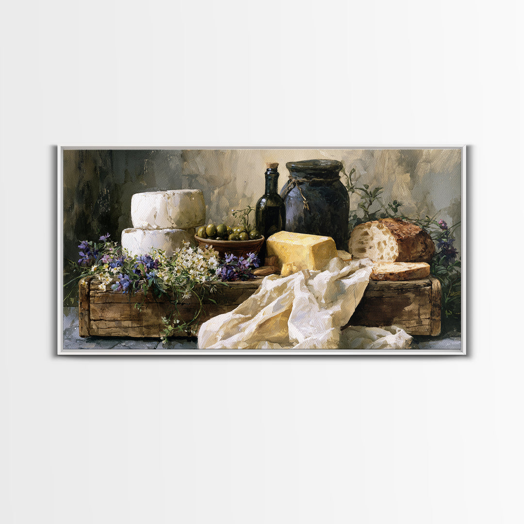 Rustic Bread Olives and Cheese Still Life Canvas Print, Dining Room Art, Neutral Decor, Dining Room Decor, Abstract Art, Dining, DRA-2x1-26