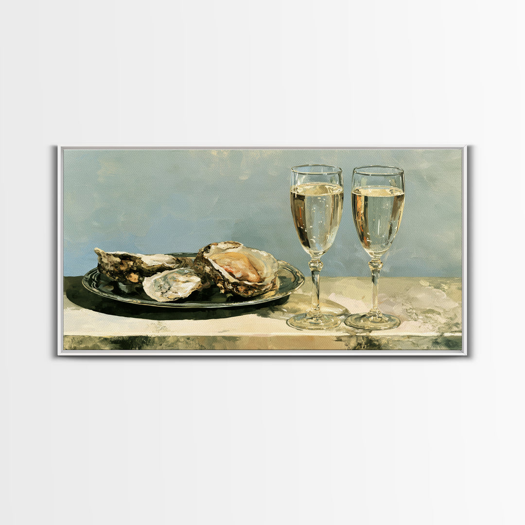 Elegant Oyster and Champagne Still Life Framed Canvas Print, Dining Room Art, Dining Room Decor, Oil Painting, Dining, DRA-2x1-27