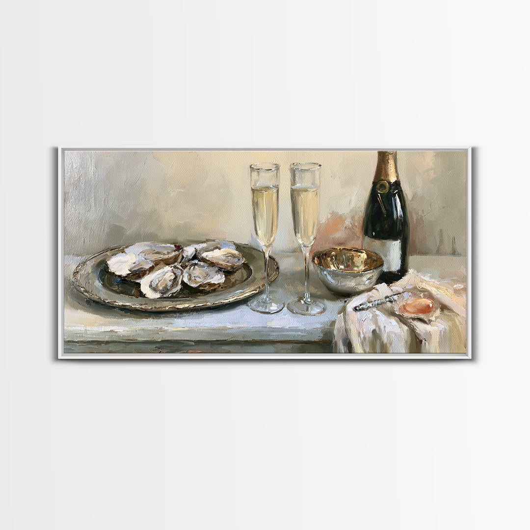 Elegant Oyster and Champagne Still Life Framed Canvas Print, Dining Room Art, Bedroom Decor, Dining Room Decor, Dining, DRA-2x1-3