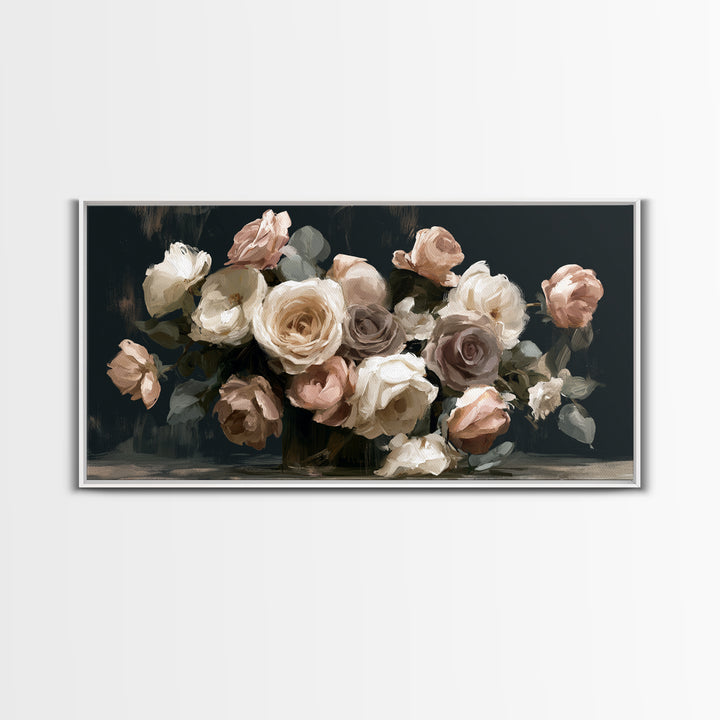 Moody Dark Background Bouquet for Formal Dining Canvas Print, Dining Room Art, Large Wall Art, Dining Room Decor, Dining, DRA-2x1-31
