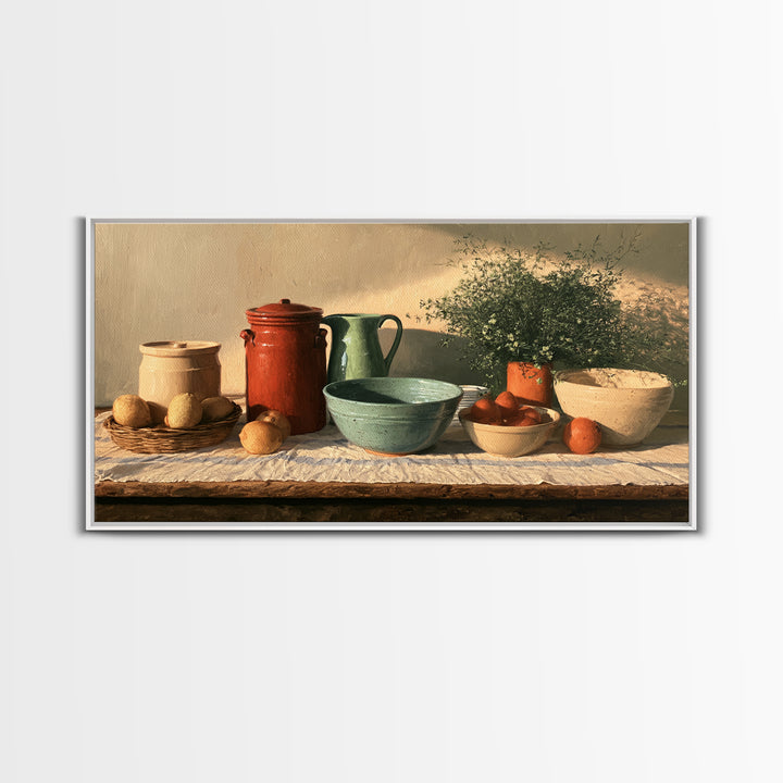 Sunlit Farmhouse Table Objects Without Room View Framed Canvas Print, Dining Room Art, Boho Decor, Dining Room Decor, Dining, DRA-2x1-37