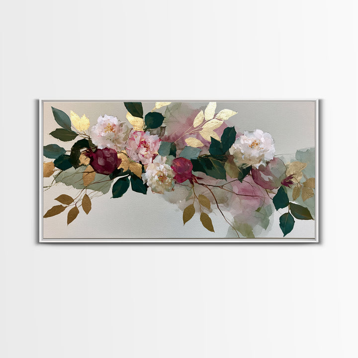 Pomegranate and Gold Leaf Botanical Study Canvas Print, Dining Room Art, Boho Decor, Dining Room Decor, Oil Painting, Dining, DRA-2x1-4