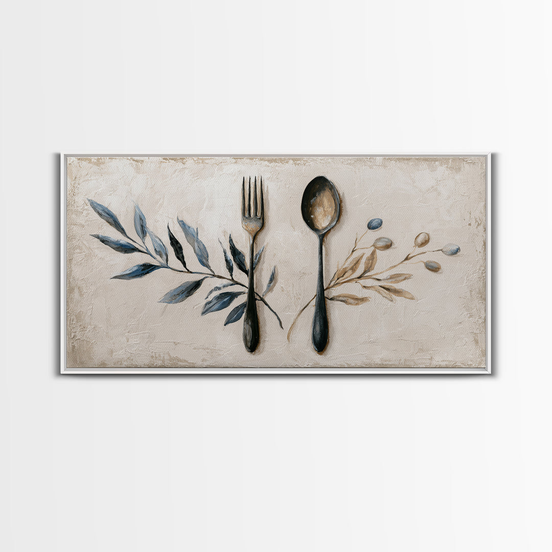 Minimal Fork Spoon and Herb Composition Framed Canvas Print, Dining Room Art, Gallery Decor, Dining Room Decor, Dining, DRA-2x1-42