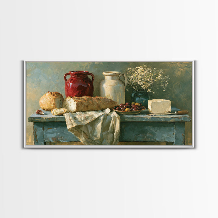 Rustic Bread Olives and Cheese Still Life Framed Canvas Print, Dining Room Art, Luxury Decor, Dining Room Decor, Dining, DRA-2x1-50