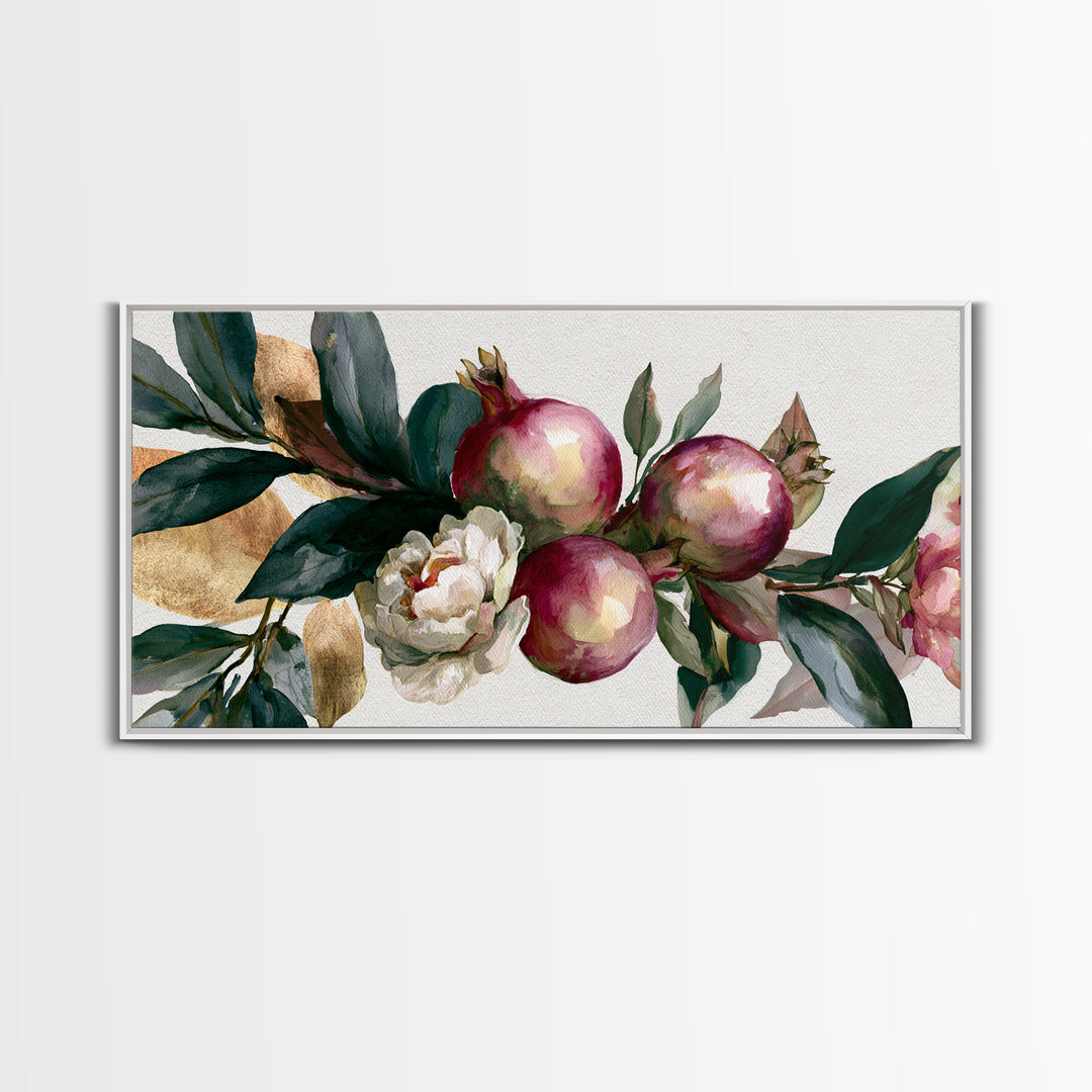 Pomegranate and Gold Leaf Botanical Study Canvas Print, Dining Room Art, Kitchen Art, Dining Room Decor, Fine Art, Dining, DRA-2x1-76