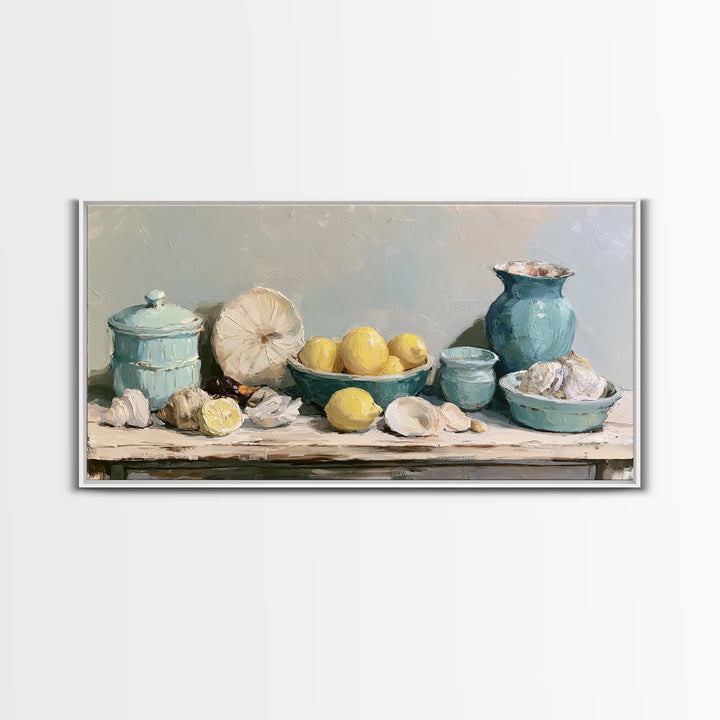 Shellfish and Lemon Still Life Framed Canvas Print, Dining Room Art, Abstract Wall Art, Dining Room Decor, Fine Art, Dining, DRA-2x1-84