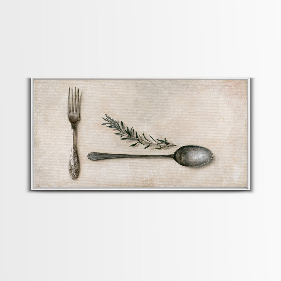 Minimal Fork Spoon and Herb Composition Framed Canvas Print, Dining Room Art, Dining Room Decor, Oil Painting, Dining, DRA-2x1-90