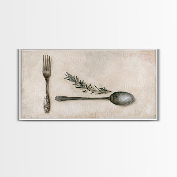 Minimal Fork Spoon and Herb Composition Framed Canvas Print, Dining Room Art, Dining Room Decor, Oil Painting, Dining, DRA-2x1-90