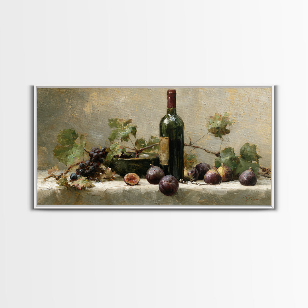 Wine Bottle and Figs on a Linen Framed Canvas Print, Dining Room Art, Coastal Decor, Dining Room Decor, Fine Art, Dining, DRA-2x1-95