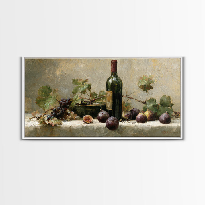 Wine Bottle and Figs on a Linen Framed Canvas Print, Dining Room Art, Coastal Decor, Dining Room Decor, Fine Art, Dining, DRA-2x1-95