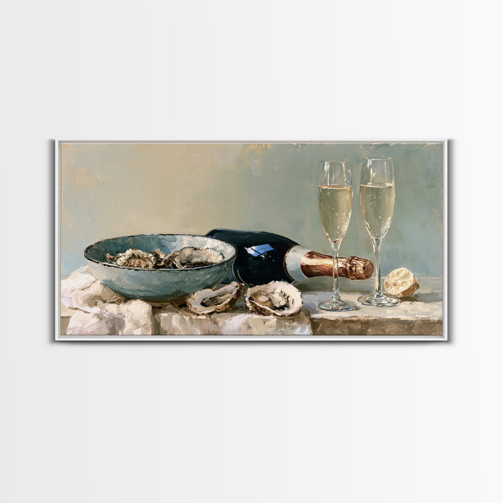 Elegant Oyster and Champagne Still Life Framed Canvas Print, Dining Room Art, Kitchen Wall Art, Dining Room Decor, Dining, DRA-2x1-99