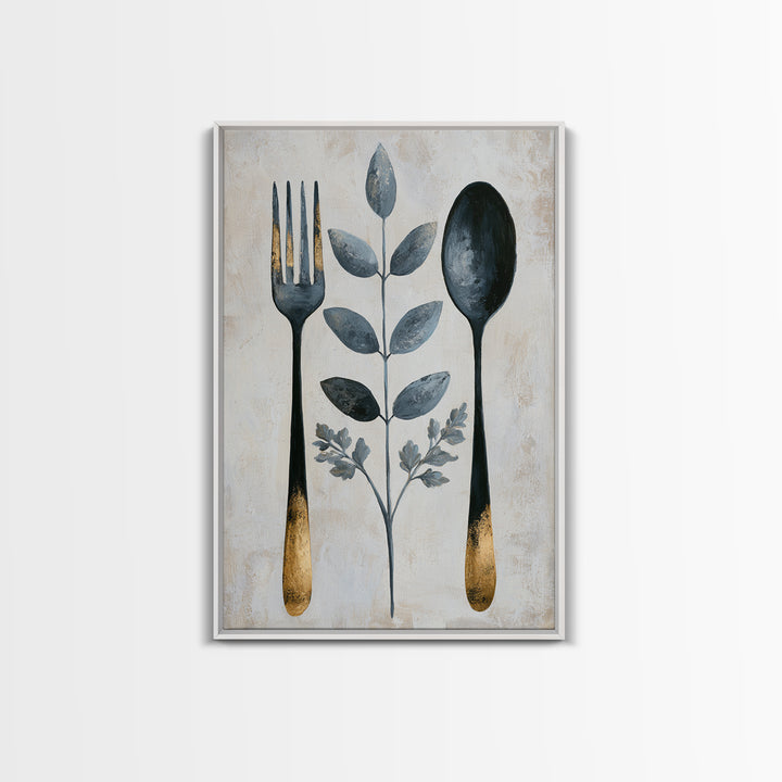 Minimal Fork Spoon and Herb Composition Framed Canvas Print, Dining Room Art, Wall Decor, Dining Room Decor, Fine Art, Dining, DRA-2x3-30