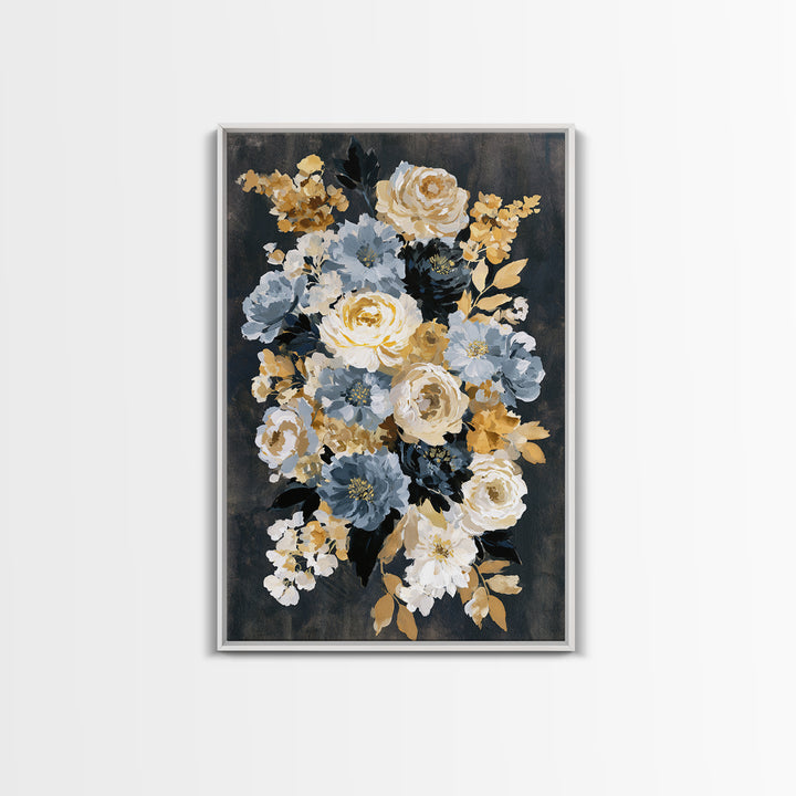 Moody Dark Background Bouquet for Formal Dining Framed Canvas Print, Dining Room Art, Neutral Decor, Dining Room Decor, Dining, DRA-2x3-43