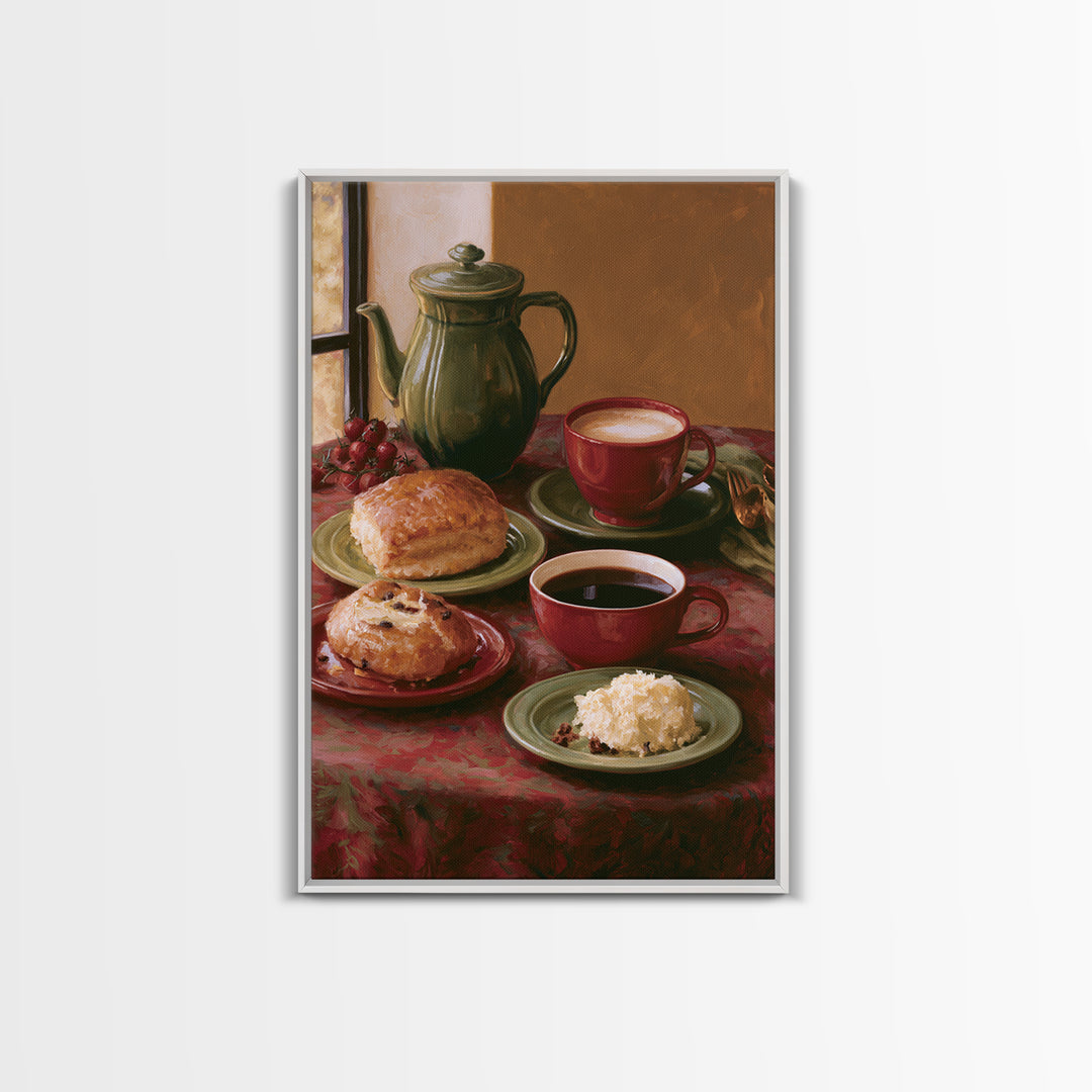 Coffee and Pastry Scene for Breakfast Nook Framed Canvas Print, Dining Room Art, Statement Artwork, Dining Room Decor, Dining, DRA-2x3-46