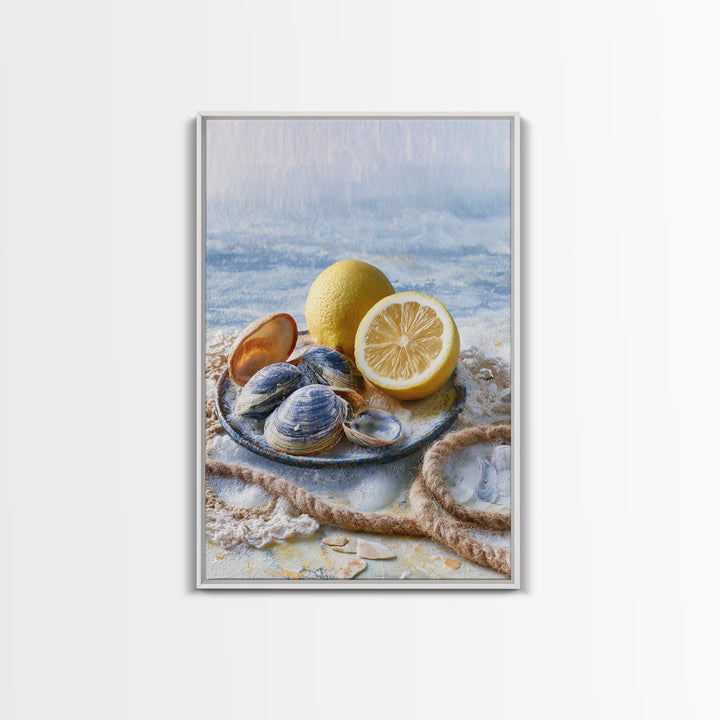 Shellfish and Lemon Still Life Framed Canvas Print, Dining Room Art, Kitchen Prints, Dining Room Decor, Watercolor Art, Dining, DRA-2x3-48
