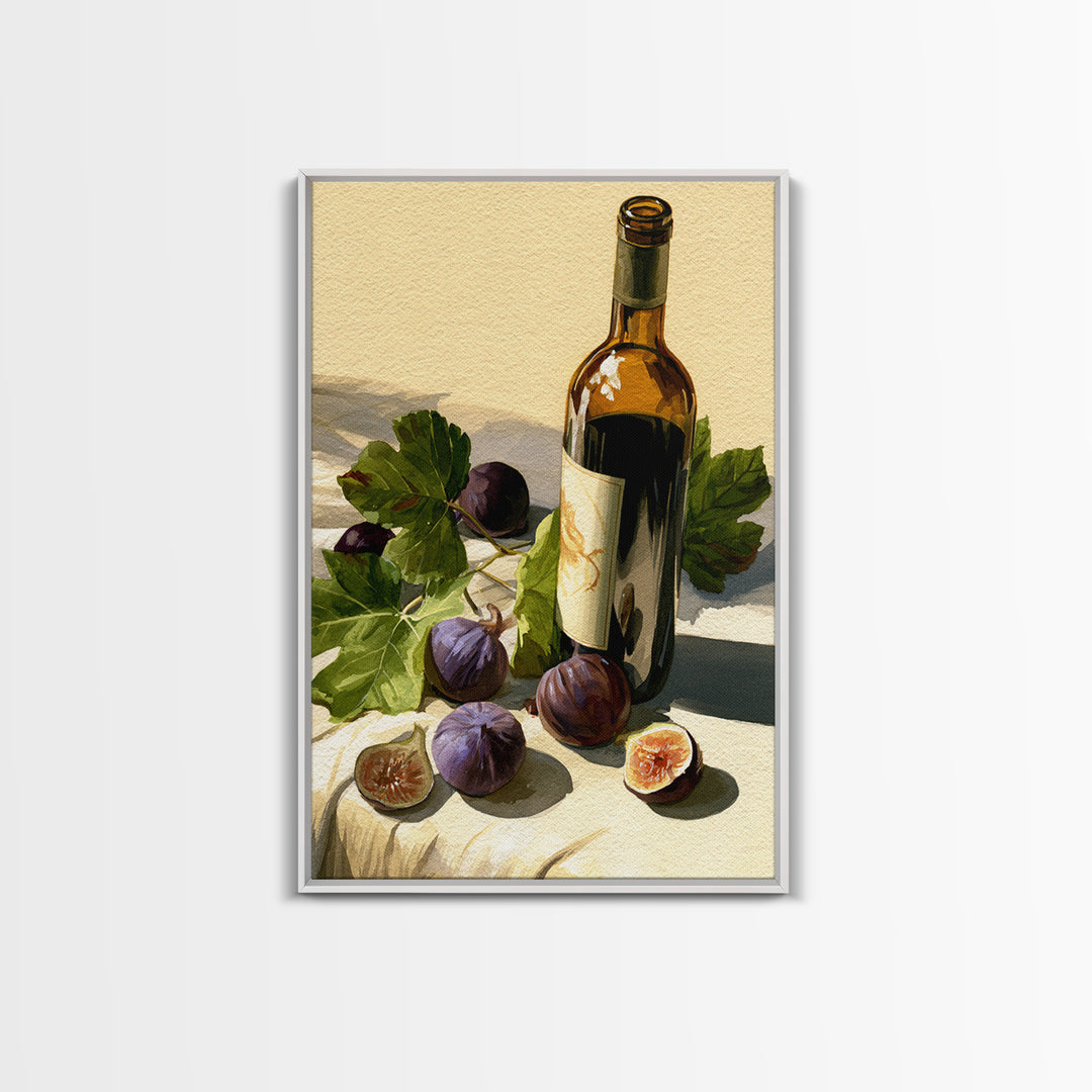 Wine Bottle and Figs on a Linen Framed Canvas Print, Dining Room Art, Boho Decor, Dining Room Decor, Abstract Art, Dining, DRA-2x3-59