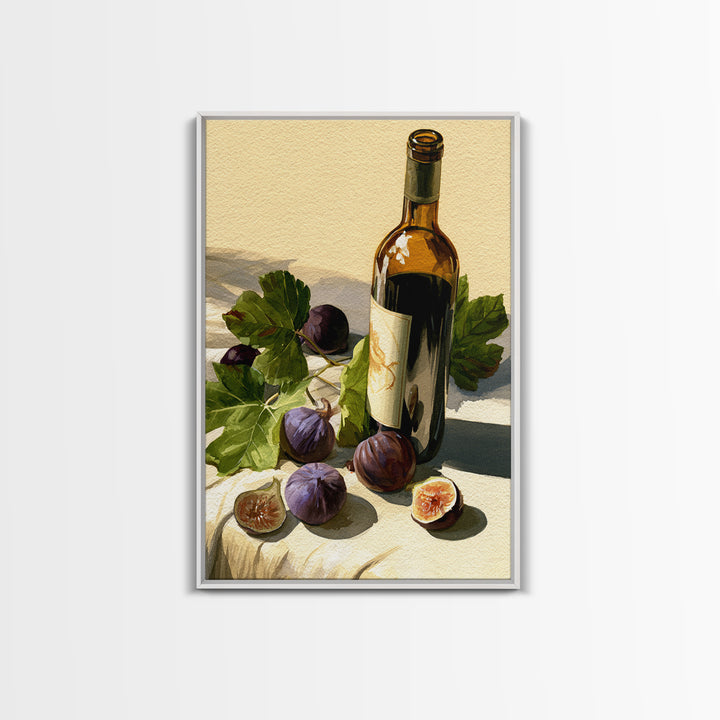 Wine Bottle and Figs on a Linen Framed Canvas Print, Dining Room Art, Boho Decor, Dining Room Decor, Abstract Art, Dining, DRA-2x3-59