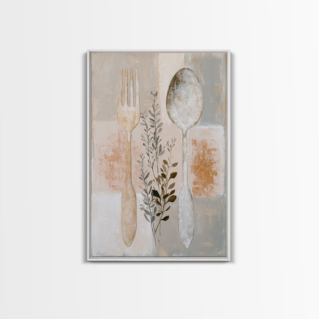 Minimal Fork Spoon and Herb Composition Framed Canvas Print, Dining Room Art, Wall Decor, Dining Room Decor, Fine Art, Dining, DRA-2x3-6