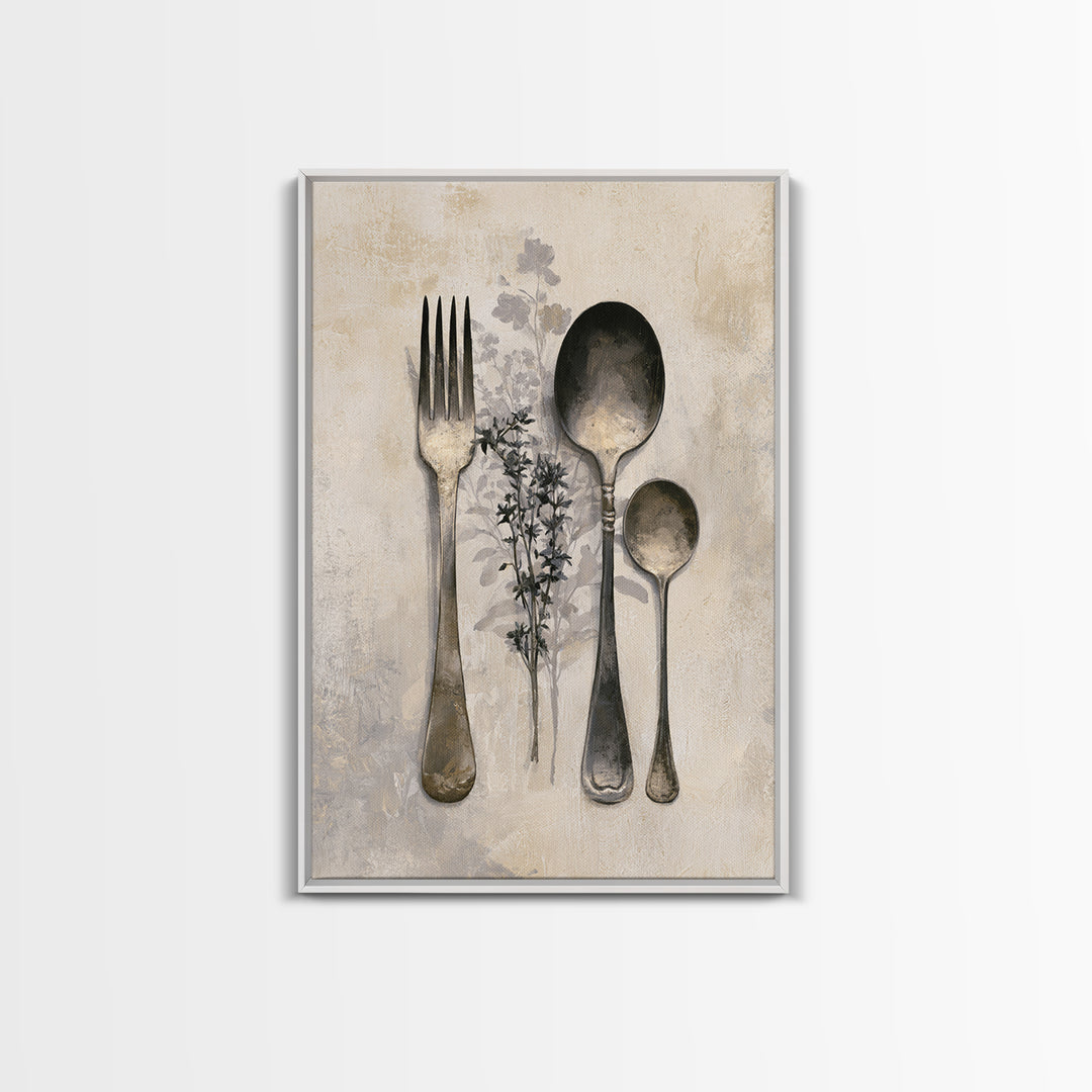 Minimal Fork Spoon and Herb Composition Framed Canvas Print, Dining Room Art, Minimalist Decor, Dining Room Decor, Dining, DRA-2x3-78