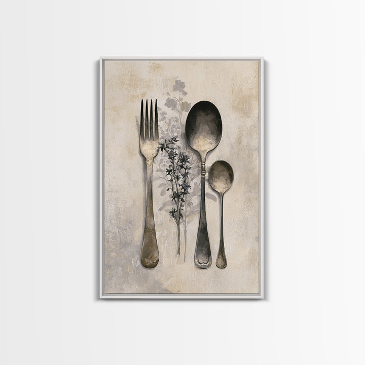 Minimal Fork Spoon and Herb Composition Framed Canvas Print, Dining Room Art, Minimalist Decor, Dining Room Decor, Dining, DRA-2x3-78