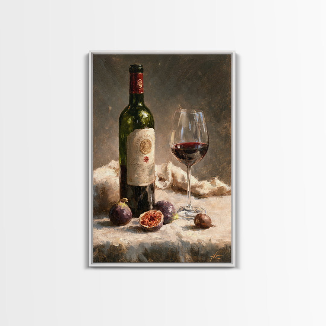 Wine Bottle and Figs on a Linen Framed Canvas Print, Dining Room Art, Print, Dining Room Decor, Dining, Living Room Decor, DRA-2x3-83