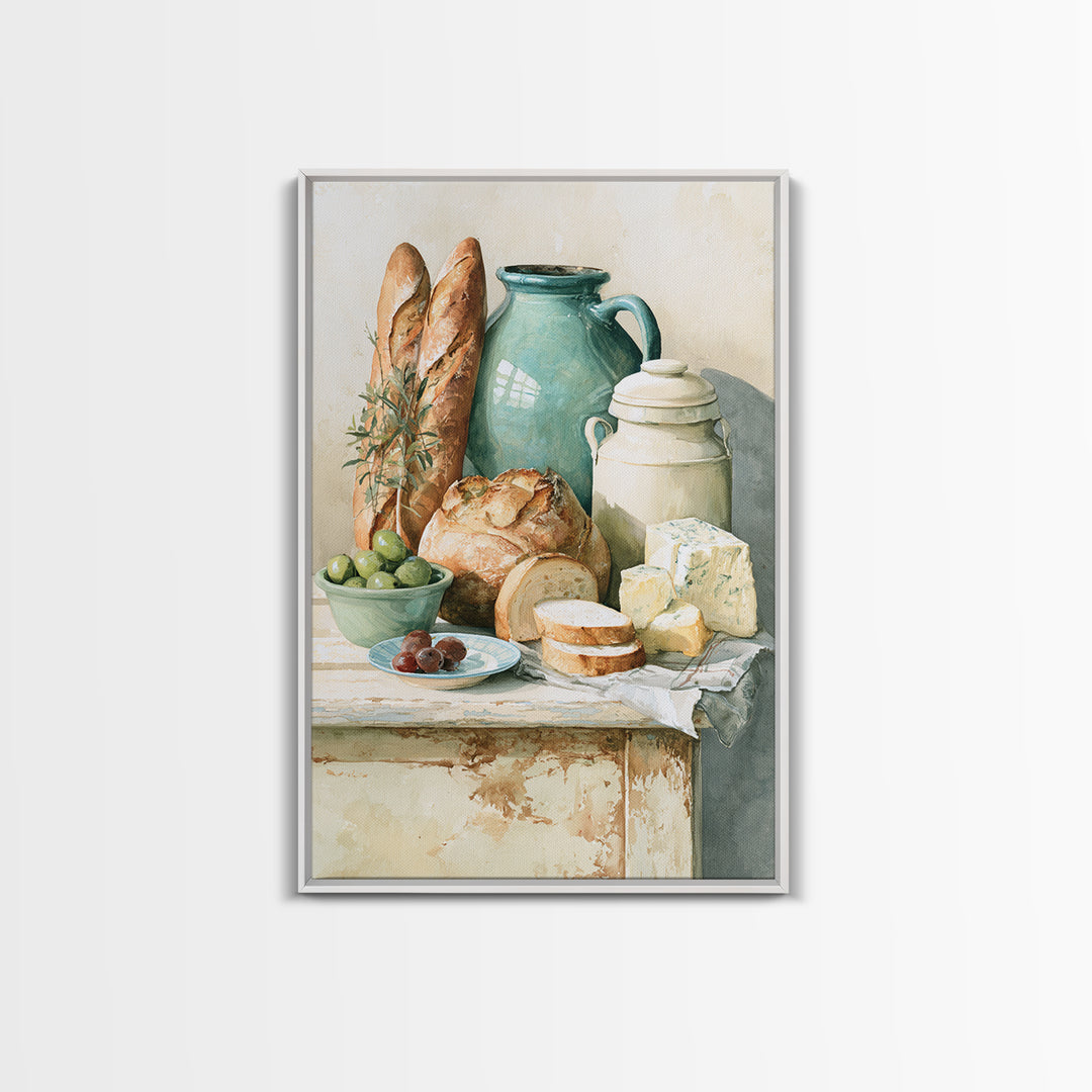 Rustic Bread Olives and Cheese Still Life Canvas Print, Dining Room Art, Wall Art, Dining Room Decor, Abstract Art, Dining, DRA-2x3-86