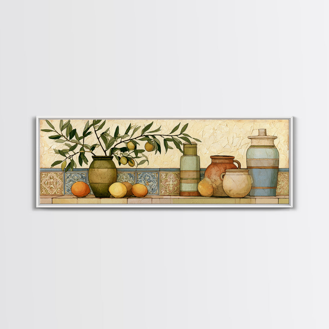 Mediterranean Olive Branch and Citrus Arrangement Canvas Print, Dining Room Art, Coastal Wall Art, Dining Room Decor, Dining, DRA-3x1-100