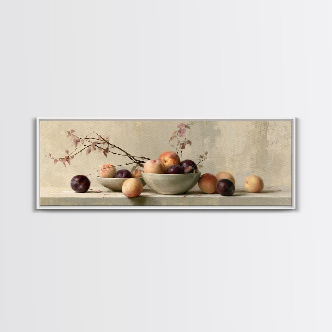 Peach and Plum Still Life Framed Canvas Print, Dining Room Art, Kitchen Wall Decor, Dining Room Decor, Fine Art, Dining, DRA-3x1-12