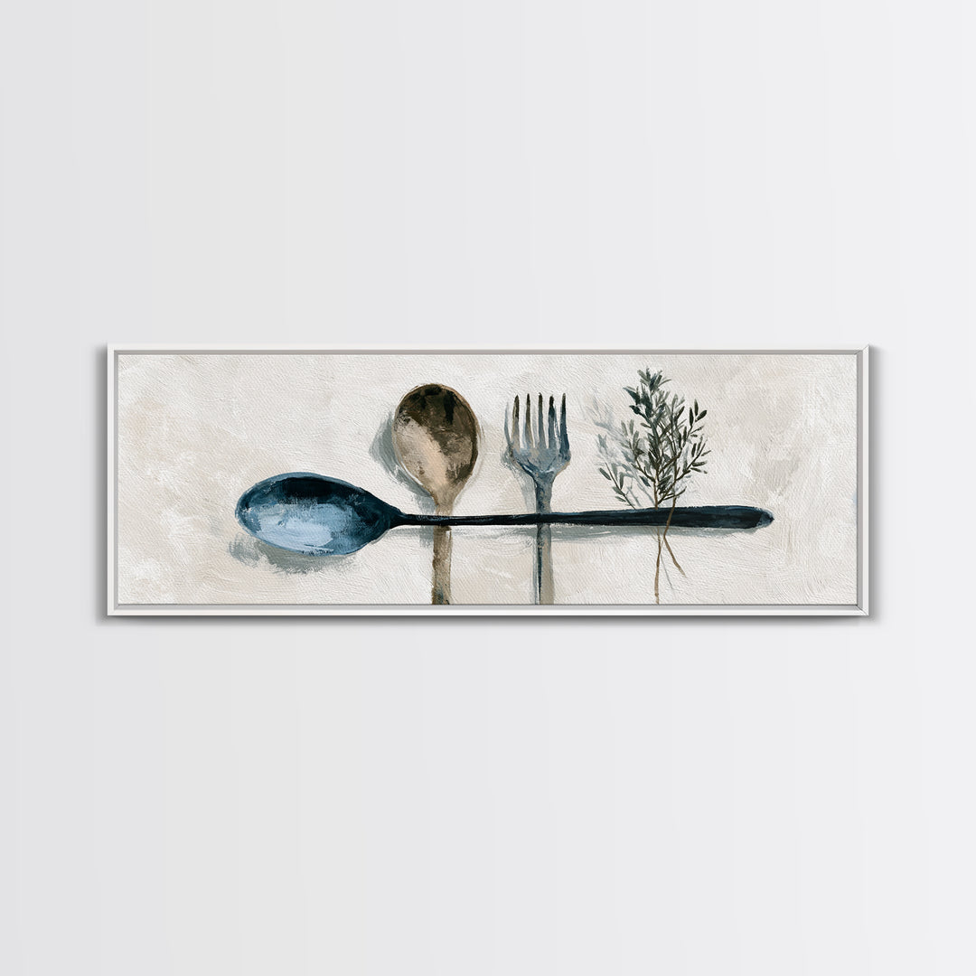 Minimal Fork Spoon and Herb Composition Canvas Print, Dining Room Art, Coastal Wall Art, Dining Room Decor, Fine Art, Dining, DRA-3x1-14