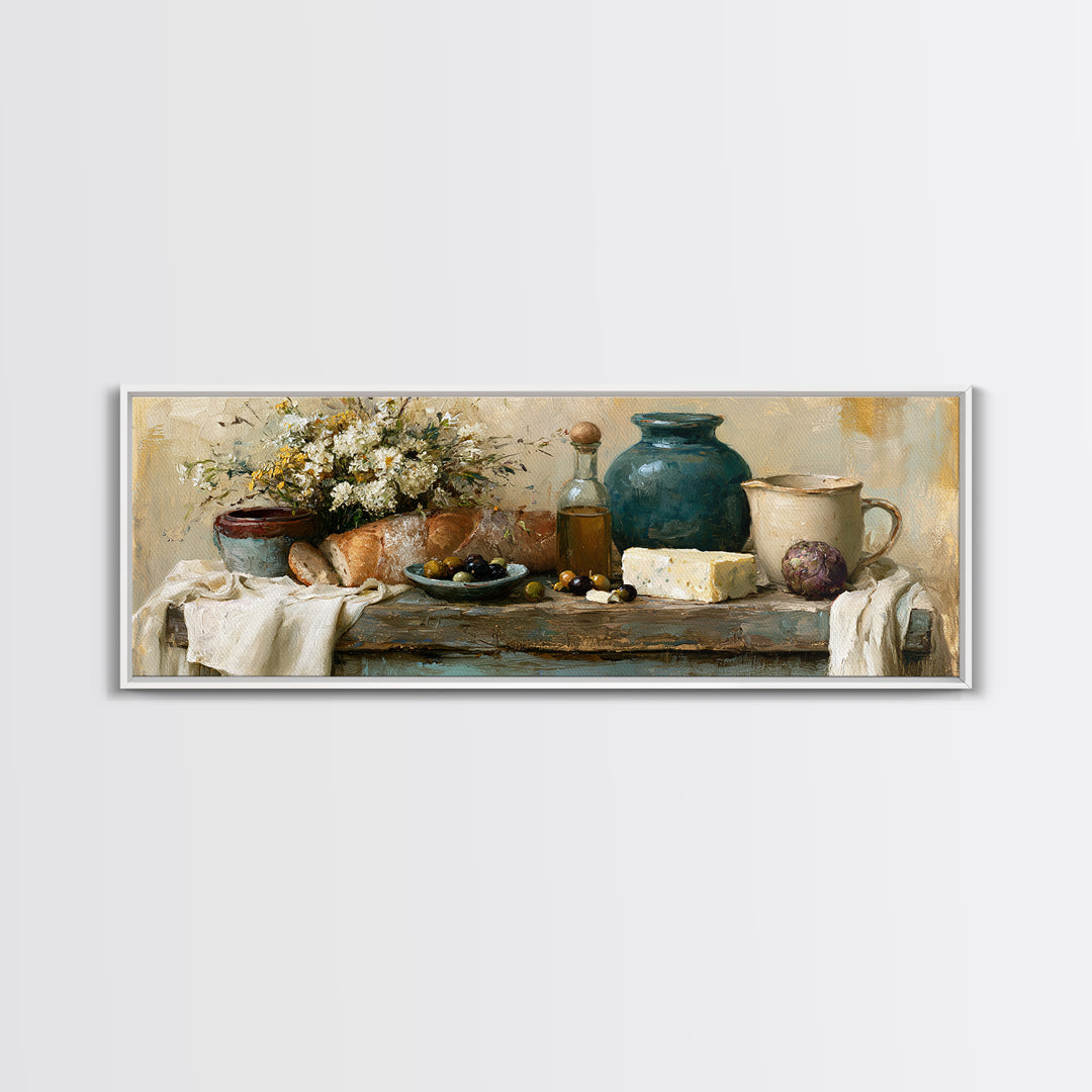 Rustic Bread Olives and Cheese Still Life Canvas Print, Dining Room Art, Neutral Decor, Dining Room Decor, Abstract Art, Dining, DRA-3x1-22