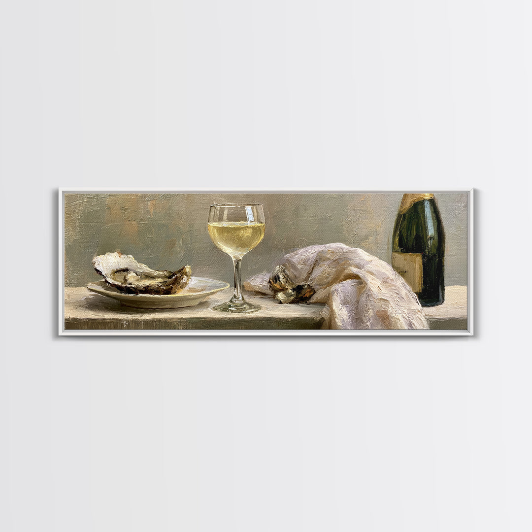 Elegant Oyster and Champagne Still Life Framed Canvas Print, Dining Room Art, Neutral Decor, Dining Room Decor, Dining, DRA-3x1-23