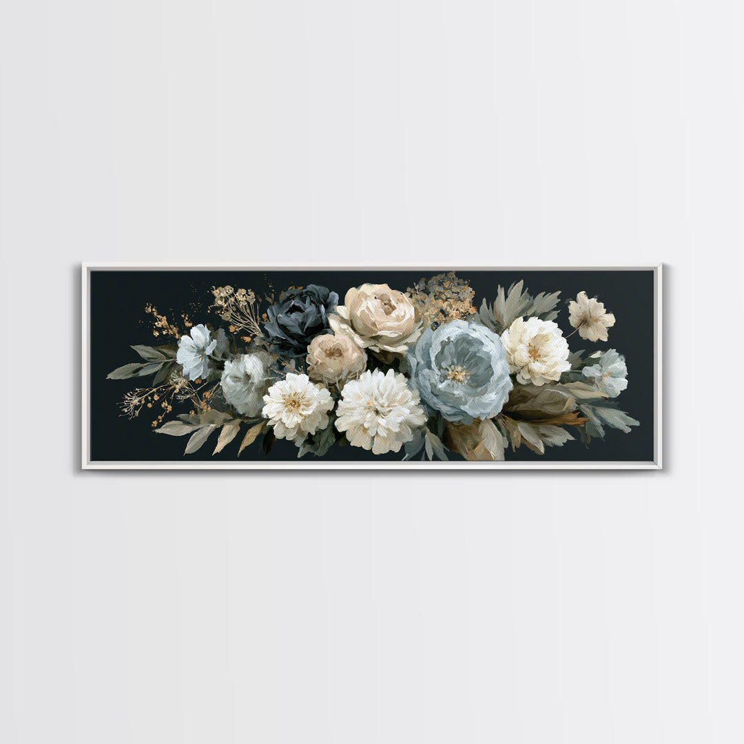 Moody Dark Background Bouquet for Formal Dining Framed Canvas Print, Dining Room Art, Modern Decor, Dining Room Decor, Dining, DRA-3x1-27