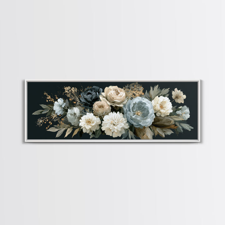 Moody Dark Background Bouquet for Formal Dining Framed Canvas Print, Dining Room Art, Modern Decor, Dining Room Decor, Dining, DRA-3x1-27
