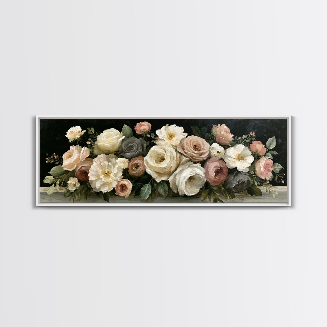 Moody Dark Background Bouquet for Formal Dining Canvas Print, Dining Room Art, Trendy Wall Art, Dining Room Decor, Dining, DRA-3x1-3