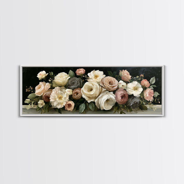 Moody Dark Background Bouquet for Formal Dining Canvas Print, Dining Room Art, Trendy Wall Art, Dining Room Decor, Dining, DRA-3x1-3