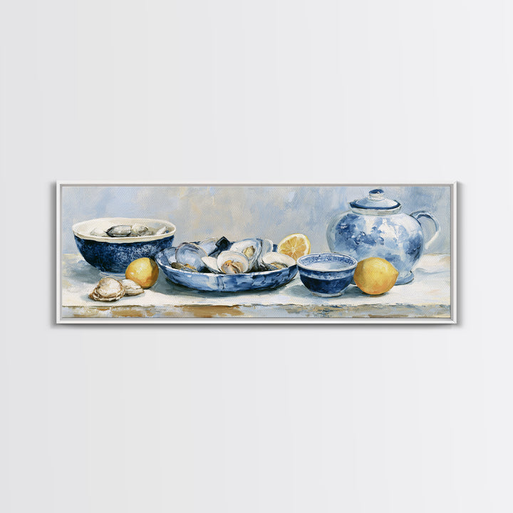 Shellfish and Lemon Still Life Framed Canvas Print, Dining Room Art, Trendy Wall Art, Dining Room Decor, Watercolor Art, Dining, DRA-3x1-32