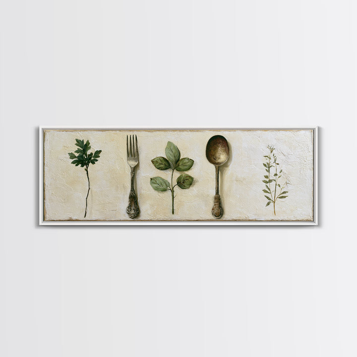 Minimal Fork Spoon and Herb Composition Canvas Print, Dining Room Art, Print, Dining Room Decor, Dining, Living Room Decor, DRA-3x1-38