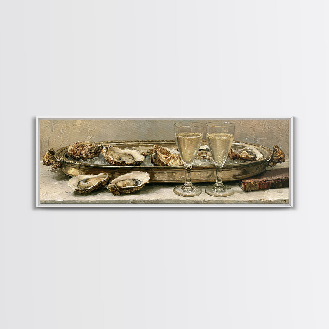 Elegant Oyster and Champagne Still Life Framed Canvas Print, Dining Room Art, Dining Room Decor, Oil Painting, Dining, DRA-3x1-47