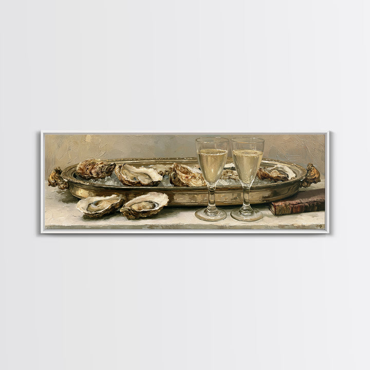 Elegant Oyster and Champagne Still Life Framed Canvas Print, Dining Room Art, Dining Room Decor, Oil Painting, Dining, DRA-3x1-47