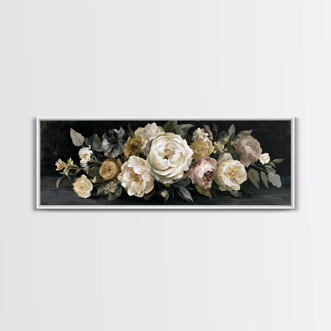Moody Dark Background Bouquet for Formal Dining Framed Canvas Print, Dining Room Art, Wall Art, Dining Room Decor, Dining, DRA-3x1-51
