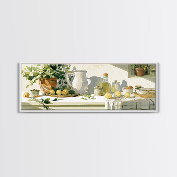 Sunlit Farmhouse Table Objects Without Room View Framed Canvas Print, Dining Room Art, Kitchen Art, Dining Room Decor, Dining, DRA-3x1-57